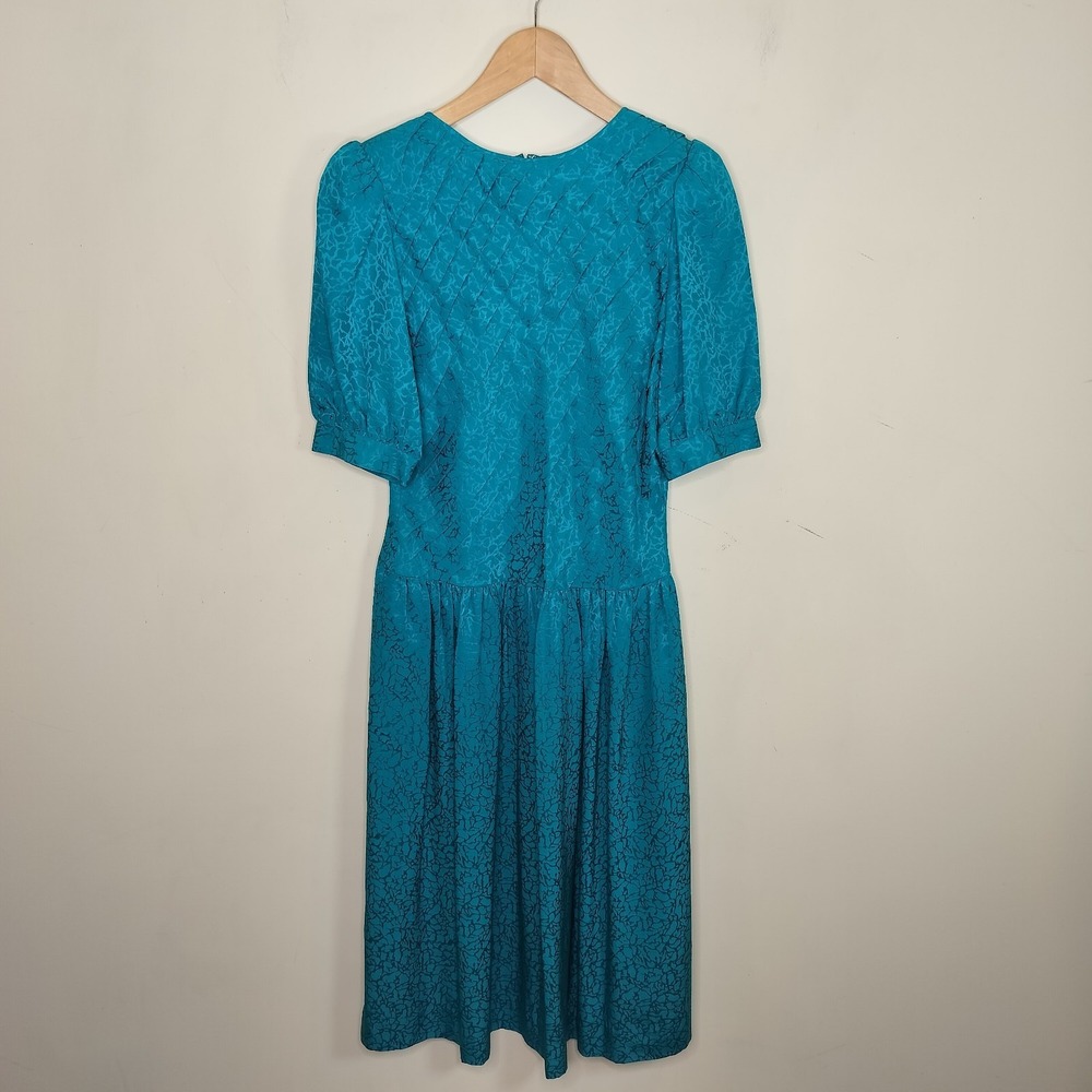 Vintage Horchow Silk‎ Midi Dress Teal Blue Pleated Short Sleeve